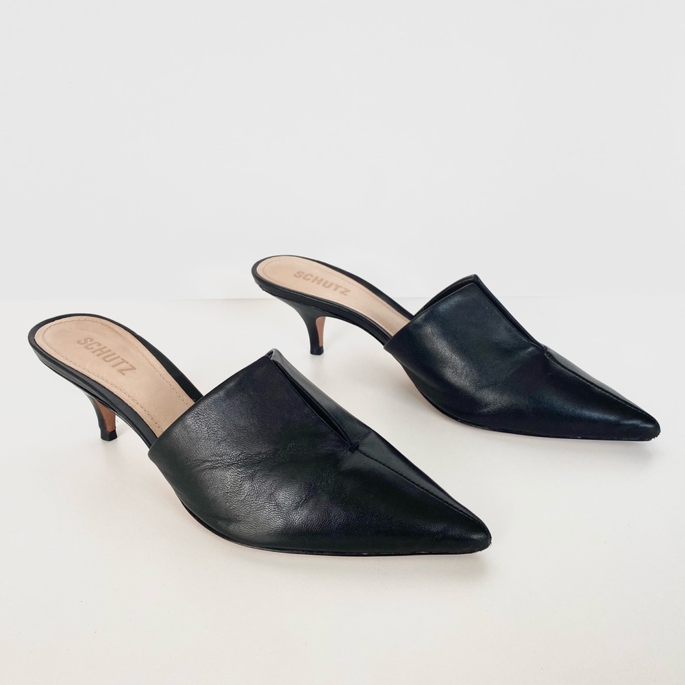 SCHUTZ Black Pointed Leather Mule Heels